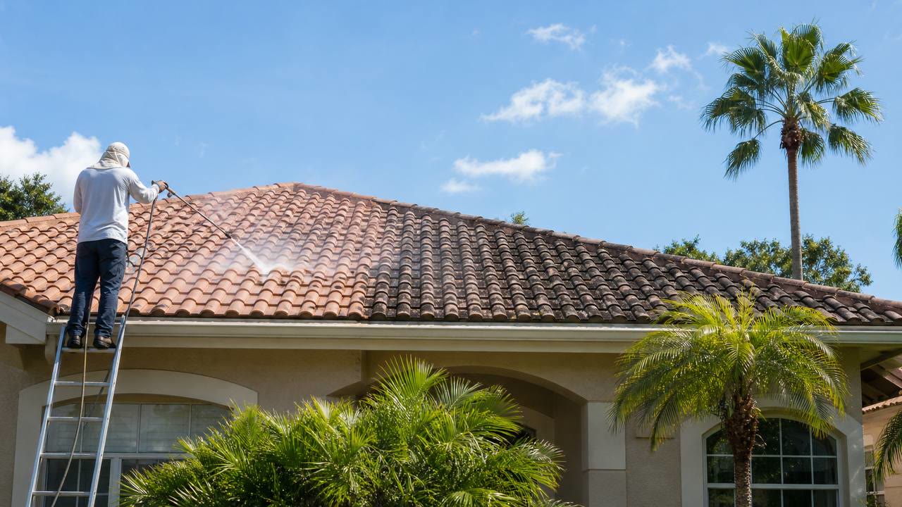 Roof cleaning service removing stains from an Orlando tile roof