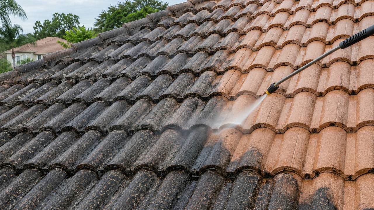 Black algae stains being cleaned from Florida roof tiles